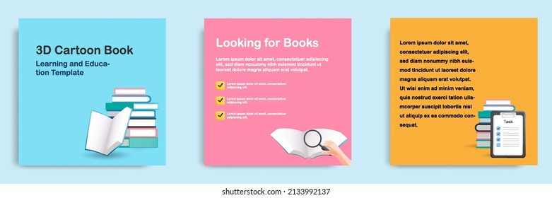 3D Cartoon Style. Social Media Informative Education And Study Tips Post Banner Template Layout Design. Searching Homework Literature Concept. Vector Illustration