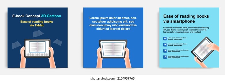 3D cartoon style. Social media informative education and study tips post banner template layout design. Mobile reader, e book app concept. Vector illustration