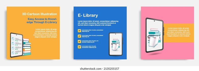 3D cartoon style. Social media informative education and study tips post banner template layout design. Mobile e library app concept.Vector illustration