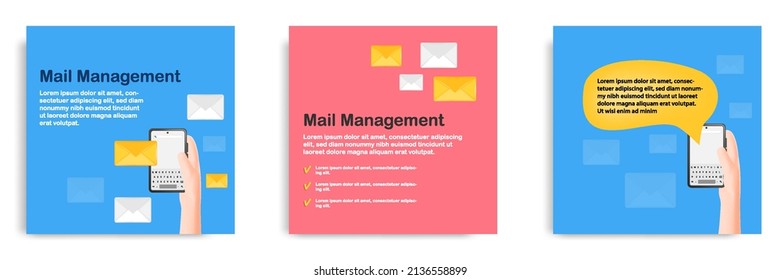 3D cartoon style. Social media informative email management tips post banner template layout design. Hand holding smart phone receiving mail concept with email. Vector illustration