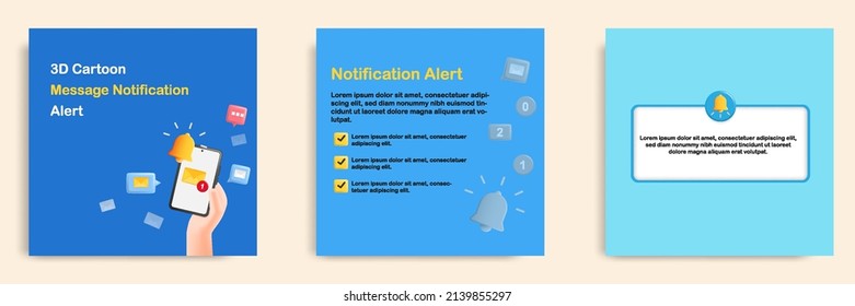 3D cartoon style. Social media informative email notification tips post banner template layout design. Hand holding smart phone receiving mail bell alert. Vector illustration