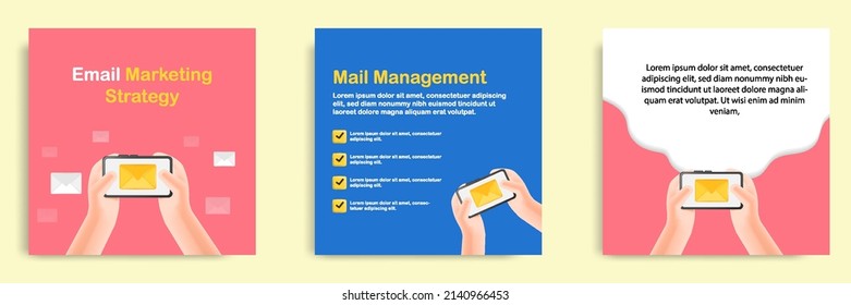 3D cartoon style. Social media informative email management tips post banner template layout design. Hand holding smart phone receiving mail concept with email. Vector illustration