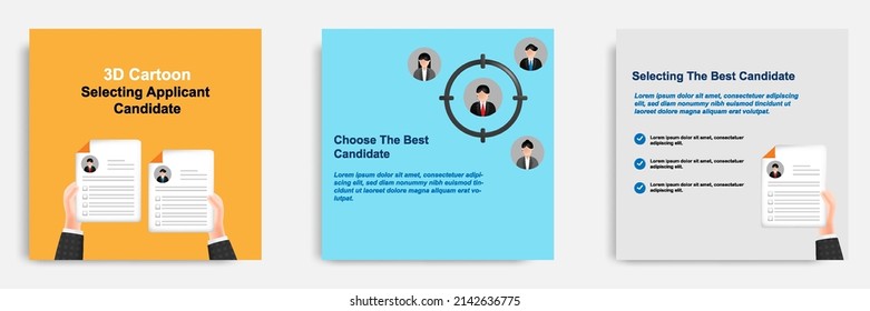 3D Cartoon Style. Social Media Informative Job Vacancy Candidate Selection Tips Post Banner Template Layout Design. Recruiter Targeting Best Applicant Concept. Vector Illustration