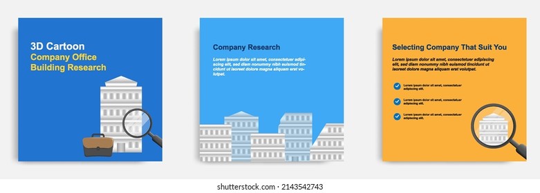 3D Cartoon Style. Social Media Informative Company Research Tips Post Banner Template Layout Design. Finding Out Company Profile Concept. Vector Illustration