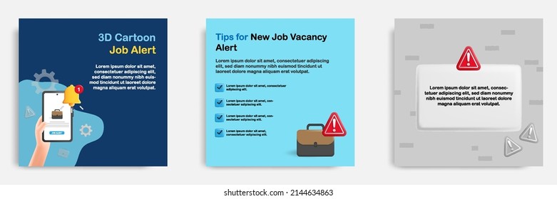 3D cartoon style. Social media informative job vacancy alert notification tips post banner template layout design. Hand holding smart phone opening job recruitment app. Vector illustration