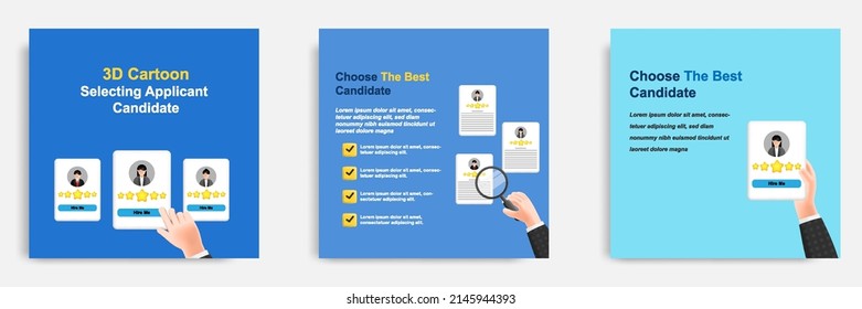 3D cartoon style. Social media informative job vacancy candidate selection tips post banner template layout design. Recruiter ranking applicant concept. Vector illustration