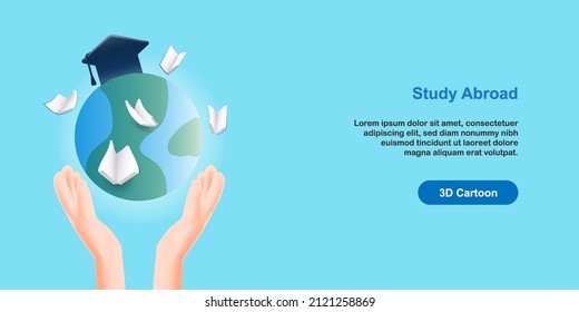 3D cartoon style. Study abroad scholarship concept. Earth globe cap graduation with flying paper book above hand student. Vector illustration