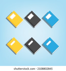 3D cartoon style table top high view angle of book set collection in black yellow blue color with shadow. Vector illustration