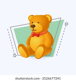 Icono de juguete de oso de peluche de estilo de dibujos animados 3D sobre fondo blanco. Juguete divertido realista colorido de la felpa de los niños con la Ilustración vectorial plana de la corbata roja. Alegría, felicidad, amor, concepto de entretenimiento