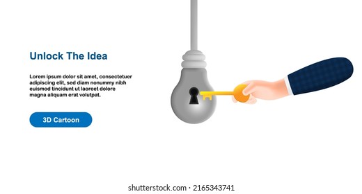 3D cartoon style. Unlocking the idea concept, with grey light bulb and hand holding key icon design. Vector illustration