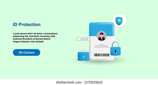 3D cartoon style vector design illustration. ID card, personal data identity protection icon symbol with shield, password symbol.