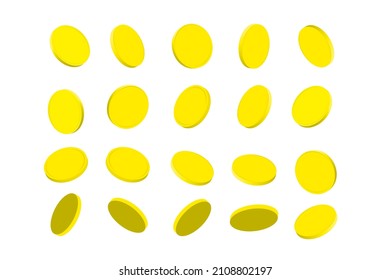 3d cartoon style yellow coin money set collection in different position angle with shadow and highlight. Vector illustration