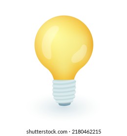 3d cartoon style yellow lightbulb icon on white background. Shining or glowing bulb or lamp flat vector illustration. Innovation, creative idea, startup, solution, inspiration, electricity concept