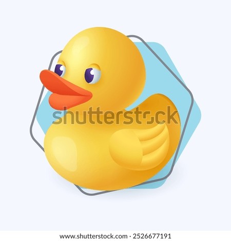 3d cartoon style yellow rubber duck icon on white background. Realistic colorful bath toy for kids flat vector illustration. Recreation, entertainment, swimming, hygiene concept