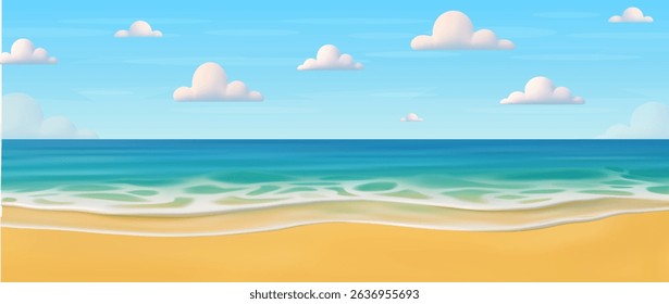 3d Cartoon summer beach. Paradise nature vacation, ocean or sea seashore. Sea beach landscape. Cartoon summer sunny day, ocean view horizontal panorama. 3d rendering. Vector illustration