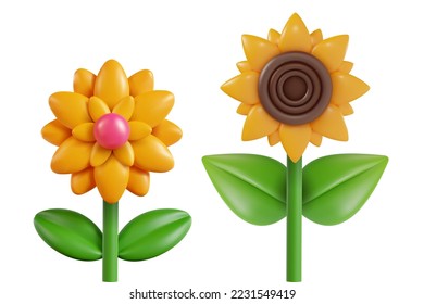 3d cartoon sunflower and flower in vector realistic funny style. Cute art element. Modern plasticine or glossy clay design object. Sweet colorful illustration on minimal background. svg
