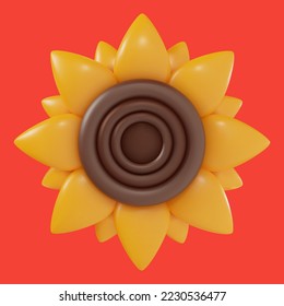 3d cartoon sunflower in vector realistic funny style. Cute art element. Funny plasticine or glossy clay design object. Sweet colorful illustration on minimal background.