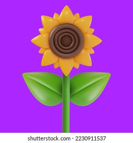 3d cartoon sunflower in vector realistic funny style. Cute art element. Funny plasticine or glossy clay design object. Sweet colorful illustration on minimal background.