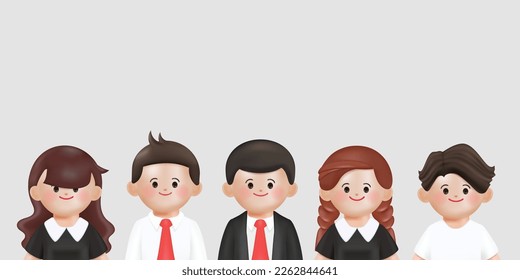 3d grupo de gente de negocios de trabajo en equipo de dibujos animados. Diseño de caricaturas vectoriales 3d. Trabajo en equipo de personajes de negocios. Traje negro u organización uniforme negro.