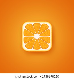 3D cartoon template of fresh citrus fruit. Square mandarin icon on orange background. Isolated vector illustration for juice packaging, vegetable, vegetarian eco natural food store, logo, mobile app.