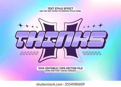 3D Cartoon 'Thinks' text style effect on a hologram background, featuring brutalism design elements.