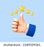3D cartoon thumb up with a five star rating. Customer evaluation. Customer review rating. Vector 3d illustration.
