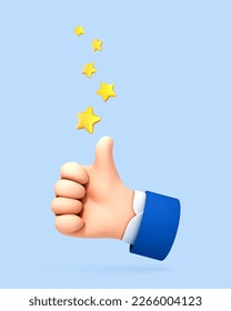 3D cartoon thumb up with a five star rating. Customer evaluation. Customer review rating. Vector 3d illustration.