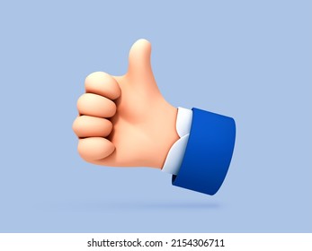 El pulgar de la caricatura 3D arriba gesto de la mano aislado en el fondo azul. Mano arriba o como signo. Ilustración del vector 3d