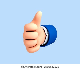 3D cartoon thumb up hand gesture isolated on blue background. Hand thumb up or like sign. Vector 3d illustration
