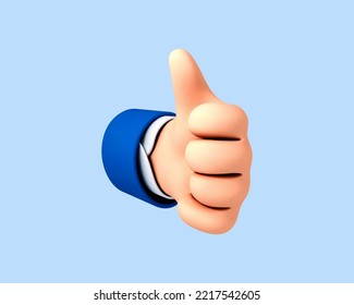 3D cartoon thumb up hand gesture isolated on blue background. Hand thumb up or like sign. Vector 3d illustration