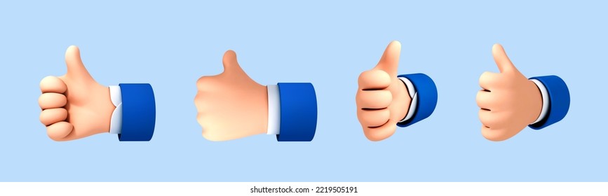 3D cartoon thumb up hand gesture isolated on blue background. Hand thumb up or like sign. Vector 3d illustration