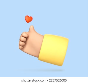 3D cartoon thumb up hand gesture isolated on blue background. Hand thumb up or like sign. Social media concept. Vector 3d illustration