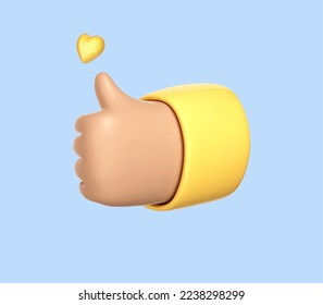 El pulgar de la caricatura 3D arriba gesto de la mano aislado en el fondo azul. Mano arriba o como signo. Concepto de medios sociales. Ilustración del vector 3d
