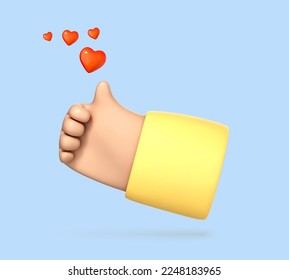 3D cartoon thumb up hand gesture isolated on blue background. Hand thumb up or like sign. Social media concept. Vector 3d illustration