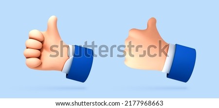 3D cartoon thumb up hand gesture isolated on blue background. Hand thumb up or like sign. Vector 3d illustration