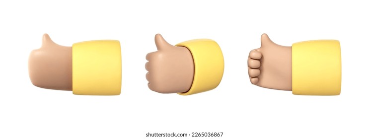 El pulgar de la caricatura 3D sube los gestos de la mano aislados en el fondo blanco. Mano arriba o como signo. Ilustración del vector 3d