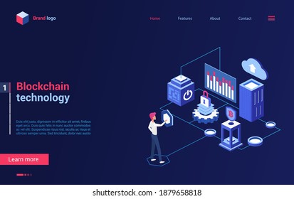 3d cartoon tiny people work with blockchain website design, make money cryptocurrency analytics, trade or exchange bitcoin concept landing page. Isometric blockchain crypto technology illustration