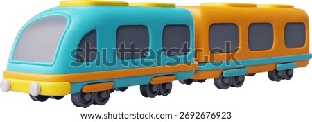 3D cartoon train, blue and orange, with carriages. Locomotive, subway, vehicle. Railroad. Children's toy. Travel, movement, trip. Vector isolated illustration. Render. Icon.