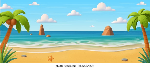 3d cartoon tropical beach with clear blue sky, ocean waves, palm trees, and sandy shore for summer themes. 3d rendering. Vector illustration