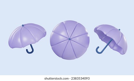 3d cartoon umbrella In different angles. Icons set for the theme of seasonal weather, protection and insurance.