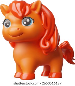 3D cartoon vector of cute fire horse with red mane. Chinese zodiac signs. Animal. Year of the horse. Children's toy. Icon. Isolated background. Rendering. Illustration. Side view.