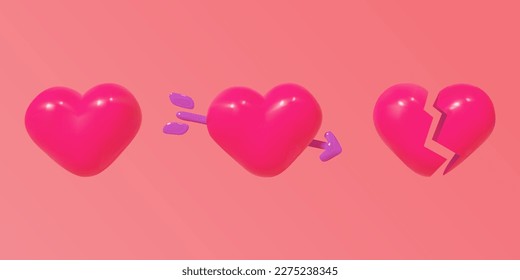 3D cartoon vector hearts. Heart with arrow, broken heart.