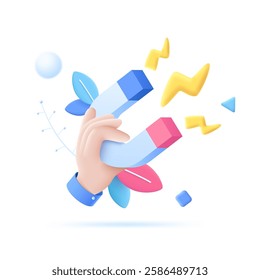 3D cartoon vector illustration of a hand holding a magnet with lightning bolts, symbolizing attracting new customers marketing strategies. Can be used for, web design, and advertising