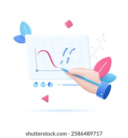 3D cartoon vector illustration of a hand holding a pen, drawing an upward graph with arrows. This scene symbolizes business growth, success, and financial progress. Perfect for marketing and planning.