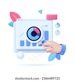 3D cartoon vector illustration of a hand holding a magnifying glass with a pie chart in front of web charts and arrows. This scene symbolizes data analysis, business insights, and financial research.