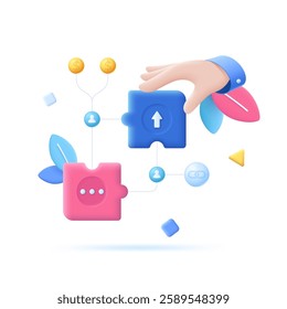 3D cartoon vector illustration of a hand holding a puzzle piece connected to user icons and another puzzle piece. This scene symbolizes teamwork, collaboration, networking, and business connections.