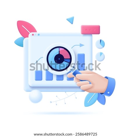 3D cartoon vector illustration of a hand holding a magnifying glass with a pie chart in front of web charts and arrows. This scene symbolizes data analysis, business insights, and financial research.