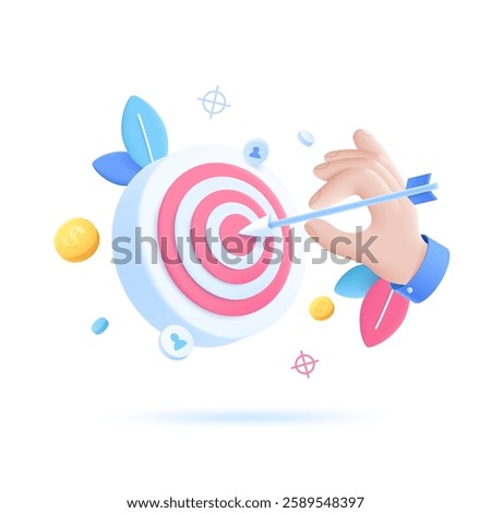 3D cartoon vector illustration of a hand hitting the center of a target with an arrow. Falling coins and user icons around the target symbolize business success, audience reach, and financial growth.