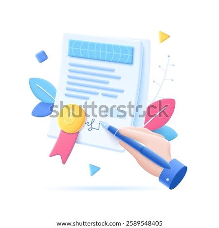 3D cartoon vector illustration of a hand signing a contract featuring a dollar symbol. This scene represents business agreements, financial deals, investments, and legal documentation.