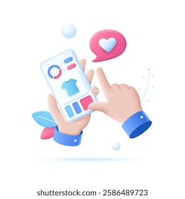 3D cartoon vector illustration of hands holding a smartphone with an online shopping interface. A speech bubble with a heart icon adds a marketing touch. Can be used for e-commerce and apps.